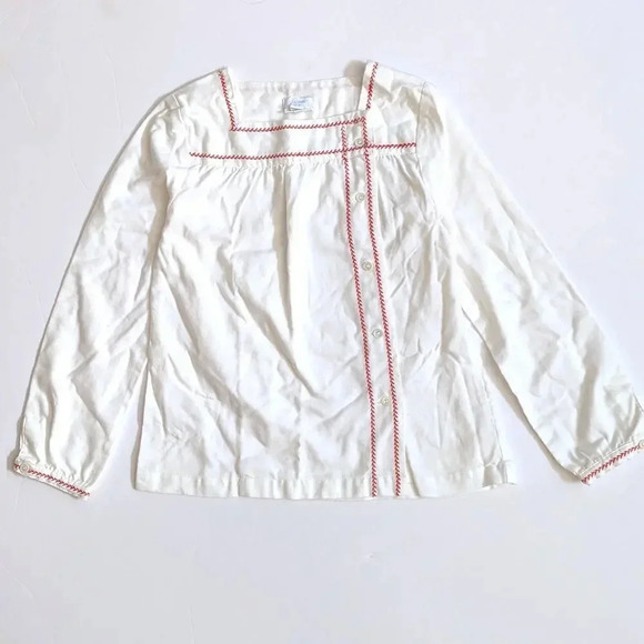 Jacadi White Flannel Long Sleeve Blouse Button Up Red Vine Trim Sz 8Y